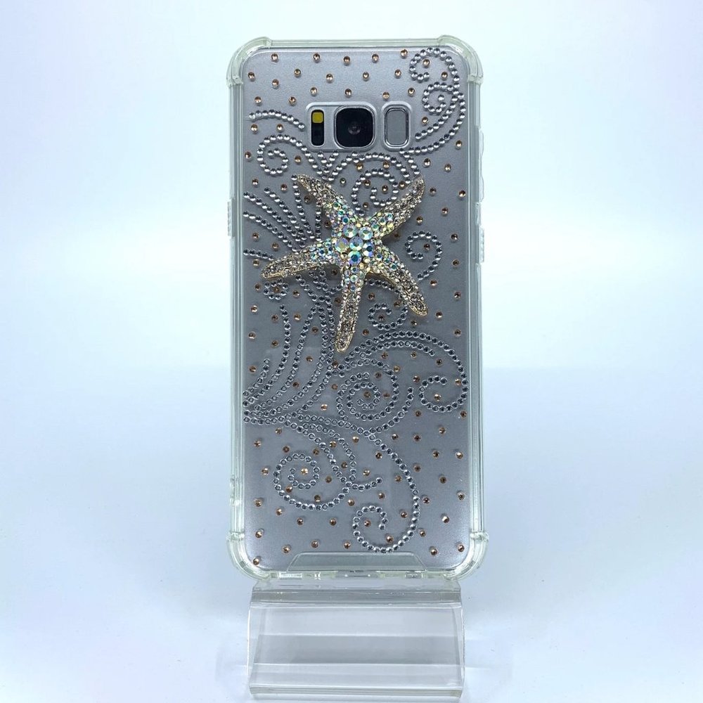 Galaxy S8 Plus TPU + PC case. Unique. Handmade. Silver gold rhinestone swirls
